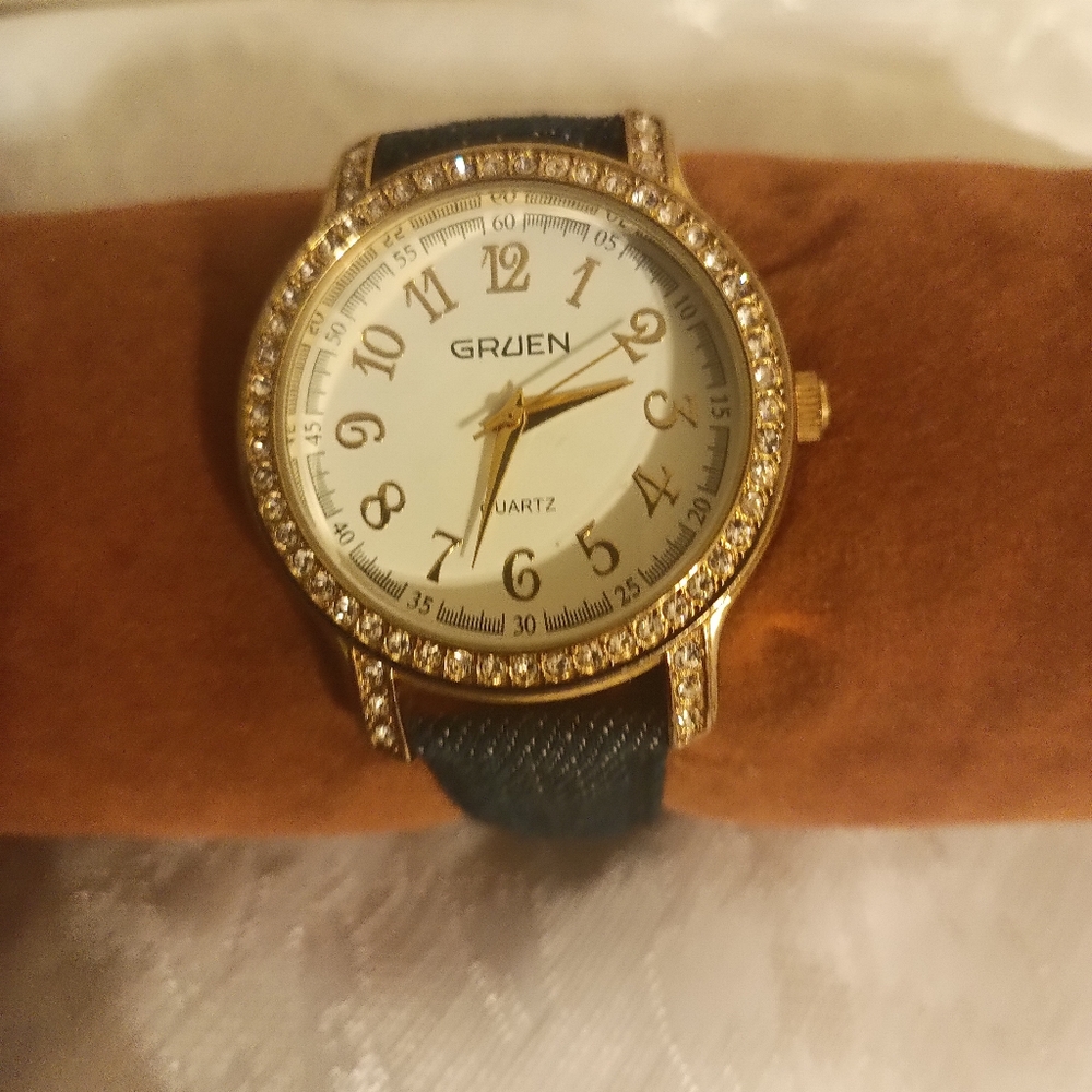 Gruen denim band rhinestone face womens watch